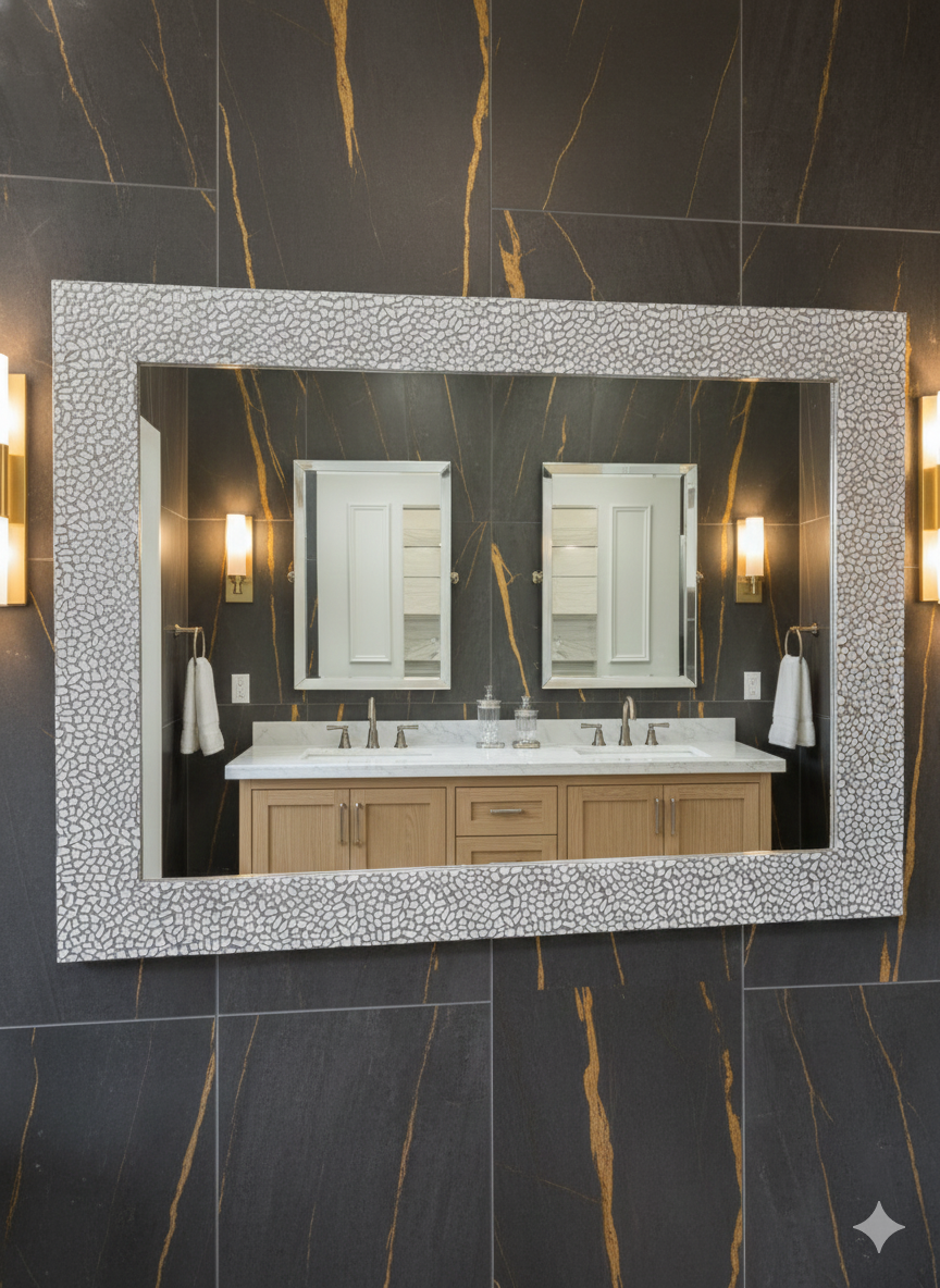 KPT Vanity Mirror – Silver Pebble Frame, 30" x 30"