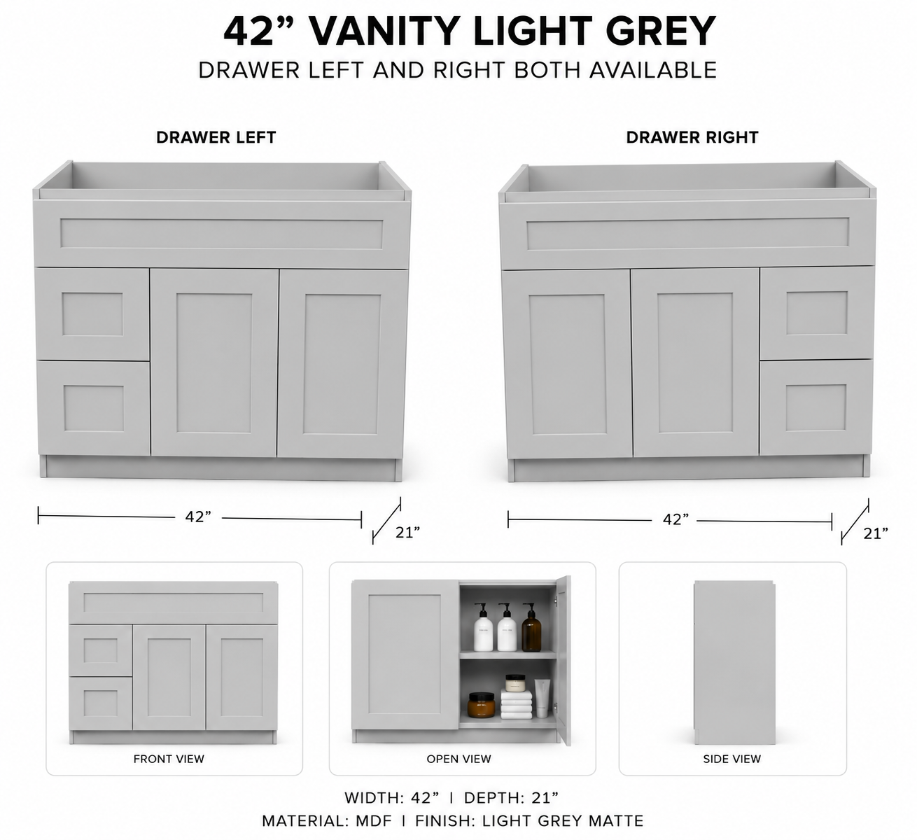 VANITY SHAKER 42" DRAWER L/R GRY