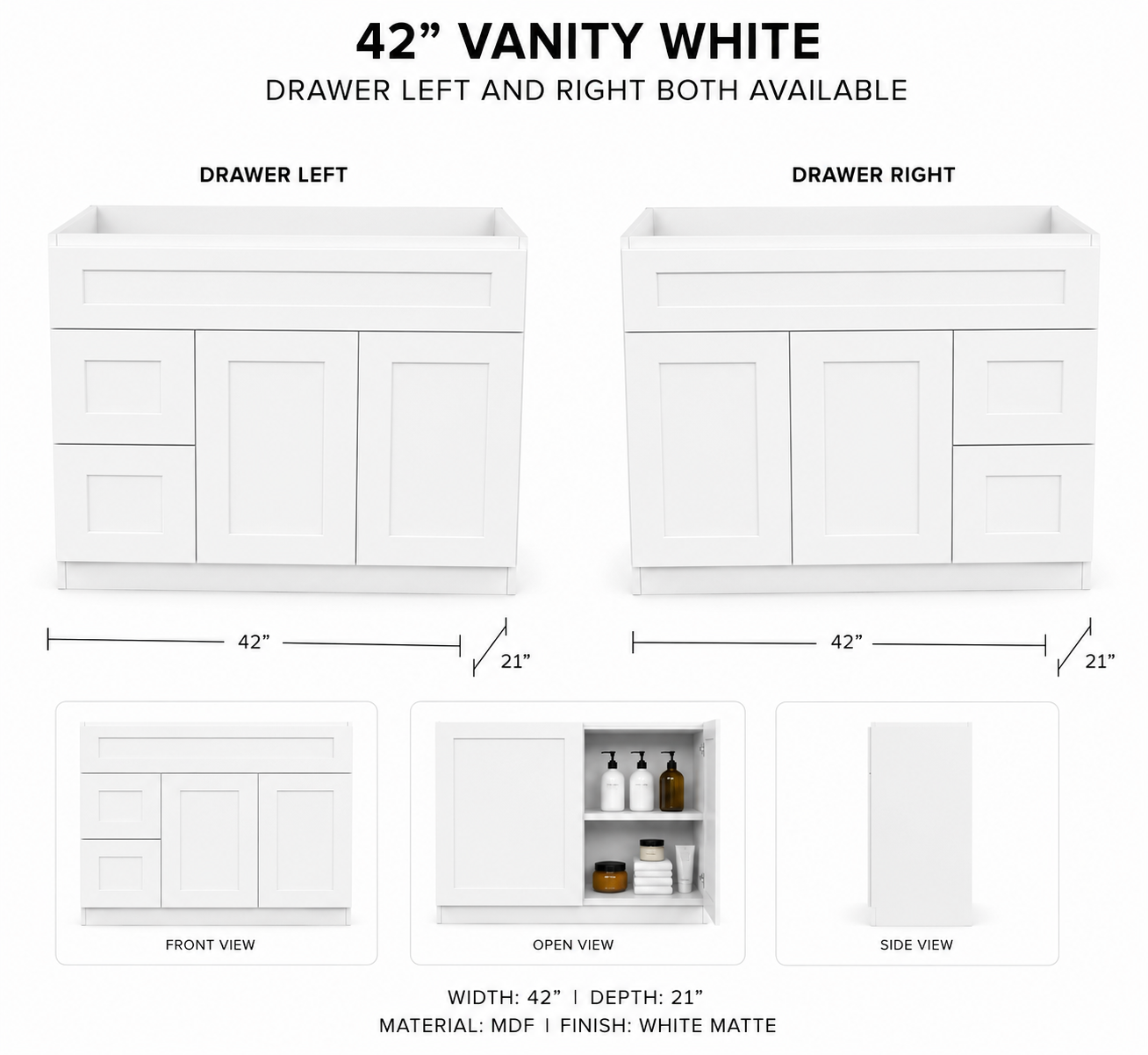 VANITY SHAKER 42" DRAWER L/R WHT