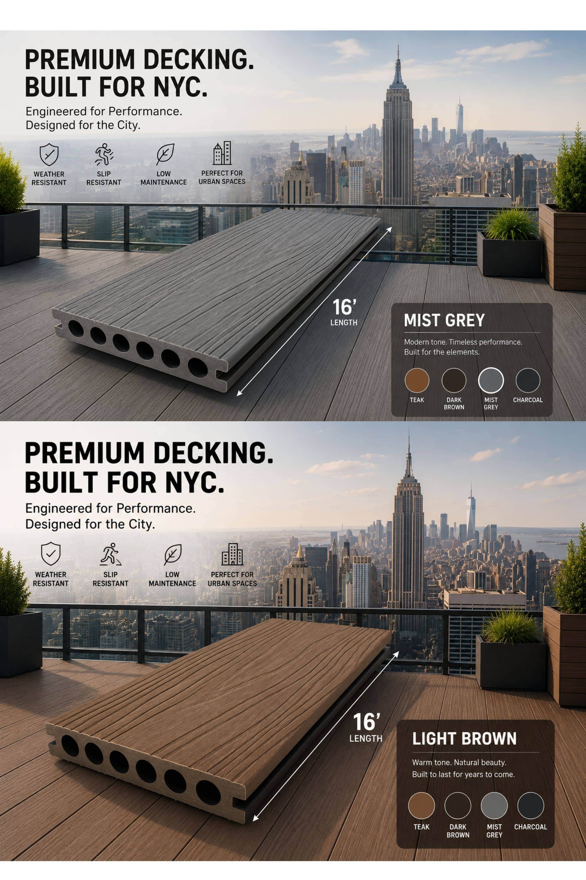 Decking Board – Mist Grey / Light Brown, 12'